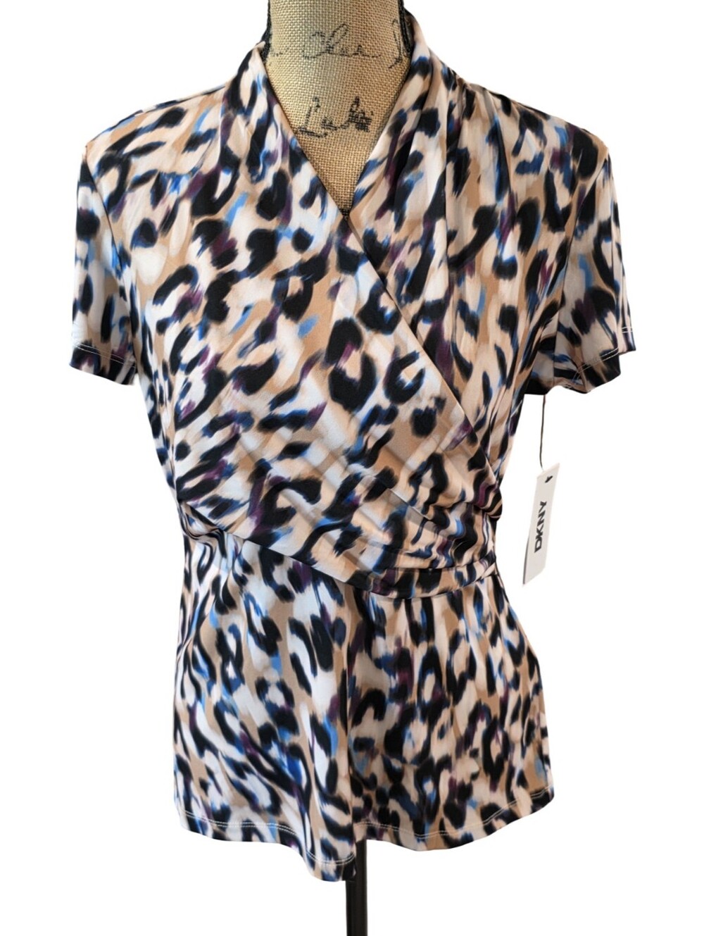 DKNY Womens Abstract Animal Print Surplice V-Neck Short‎ Sleeve Top Tan Blue NWT